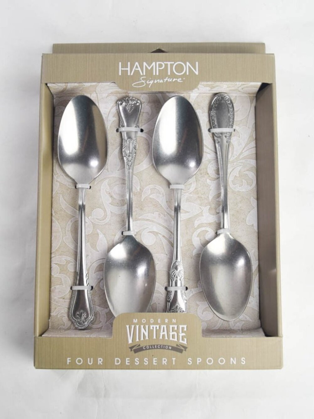Hampton Signature Modern Vintage Flatware 4 Large Dessert Spoons Antique Silver